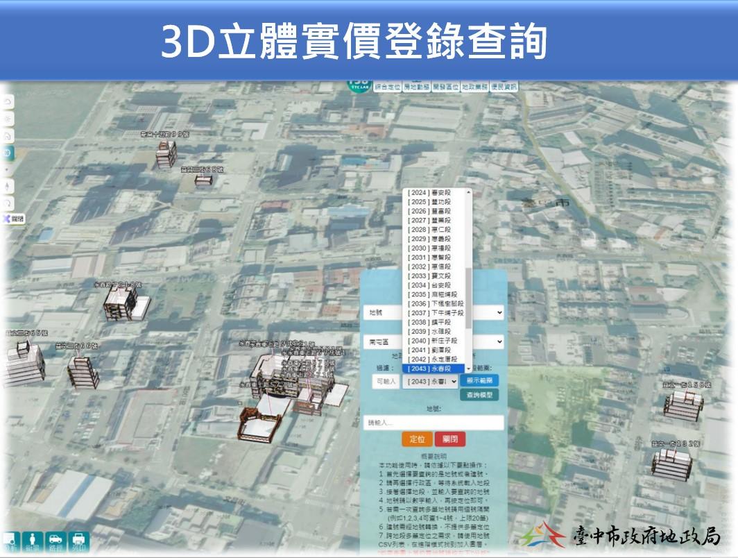 臺中市政府推動3D實價登錄系統 預計年底提供1萬戶立體查詢服務