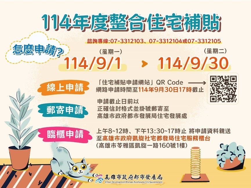 114年高雄住宅利息補貼方案開跑　弱勢戶最低1.187%、一般戶也能享1.762%優惠利率